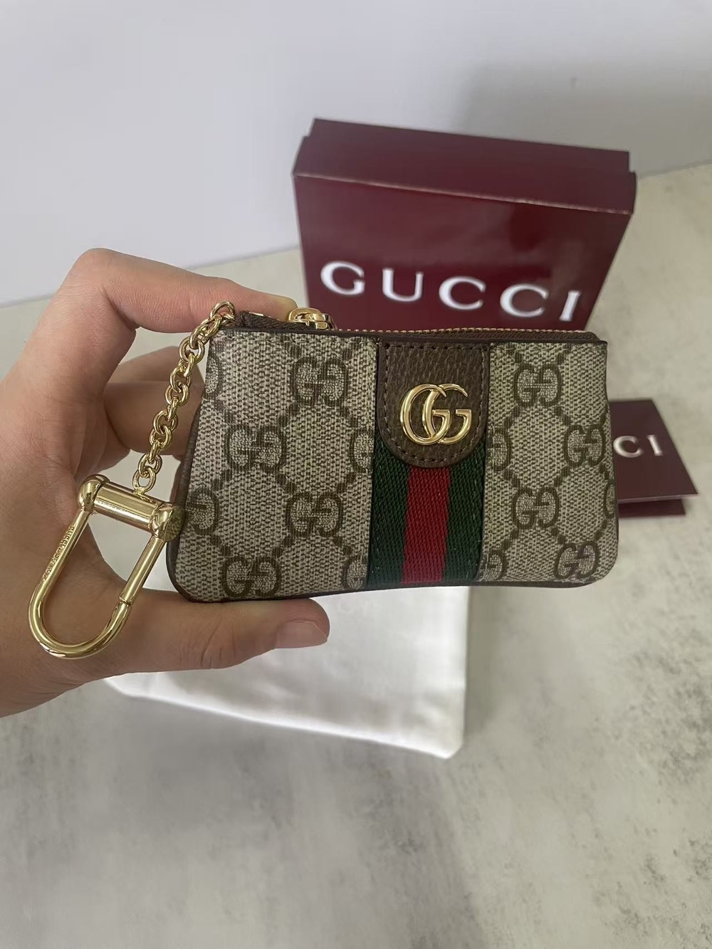 Gucci Brown Beige GG Supreme Web Key & Card Holder with Gold Hardware